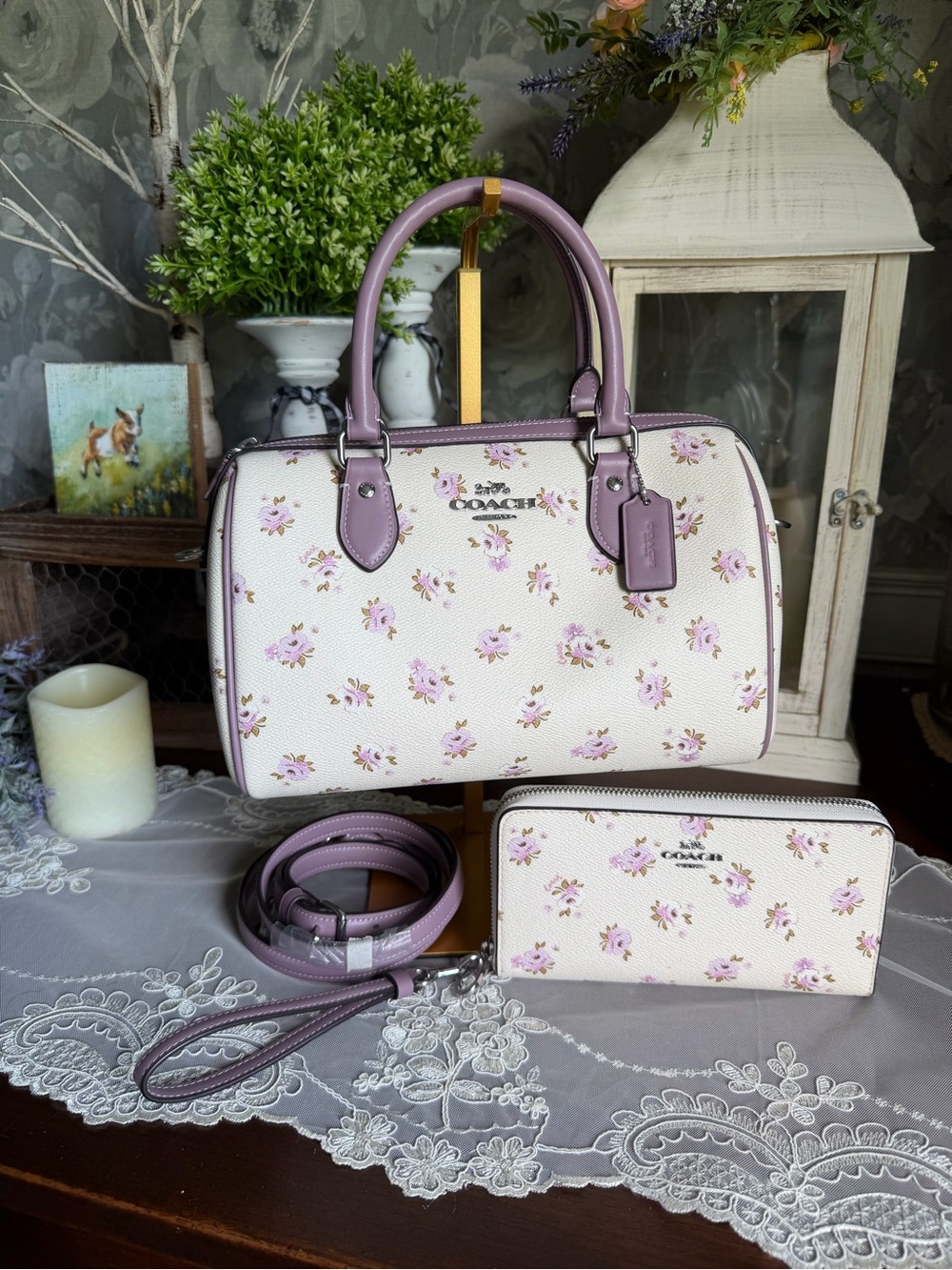 NWT Coach Cream Lavender Floral Print Leather Rowan Satchel & Wallet Set